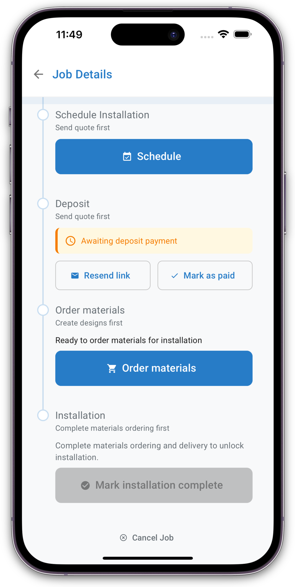 Job details showing scheduling, deposits, and materials ordering